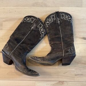 Durango Crush Scroll brown leather western boots-Embroidered-Distressed-7-Boho
